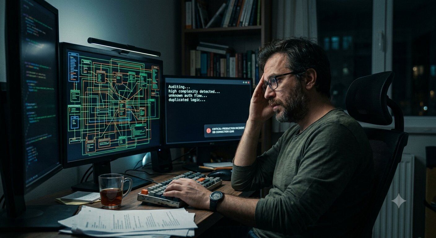 A developer reviewing a tangled diagram of an AI-generated codebase on a monitor, representing the new wave of AI code cleanup jobs in 2026.