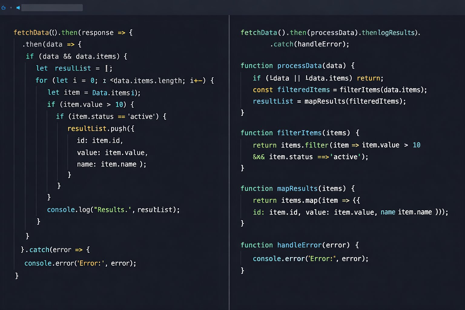 Clean JavaScript code comparison in 2026 showing before and after refactoring with descriptive naming, early returns, typed errors, and single-responsibility functions in a code editor