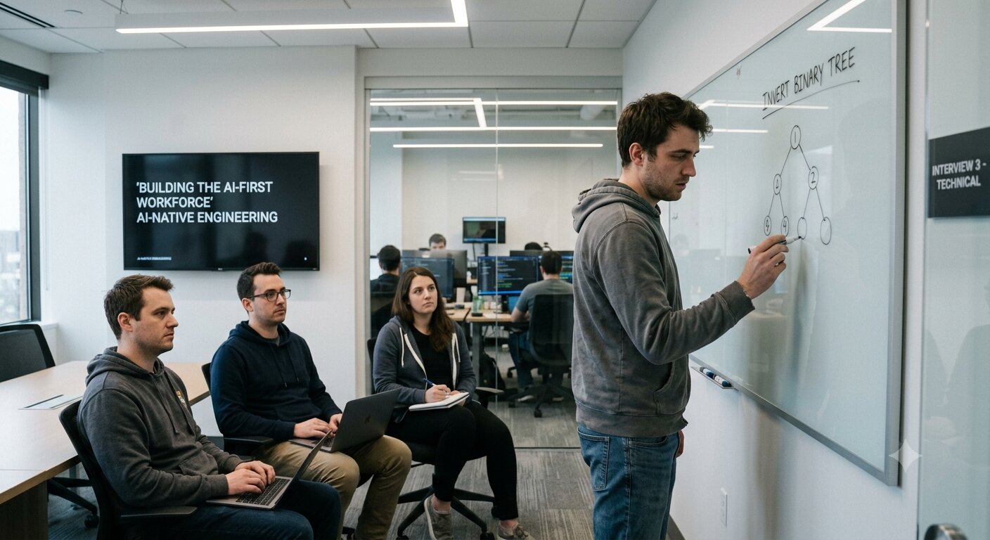 A JavaScript developer facing two contradictory interview demands, an AI-native job description on one side and a whiteboard algorithm test with no AI allowed on the other.