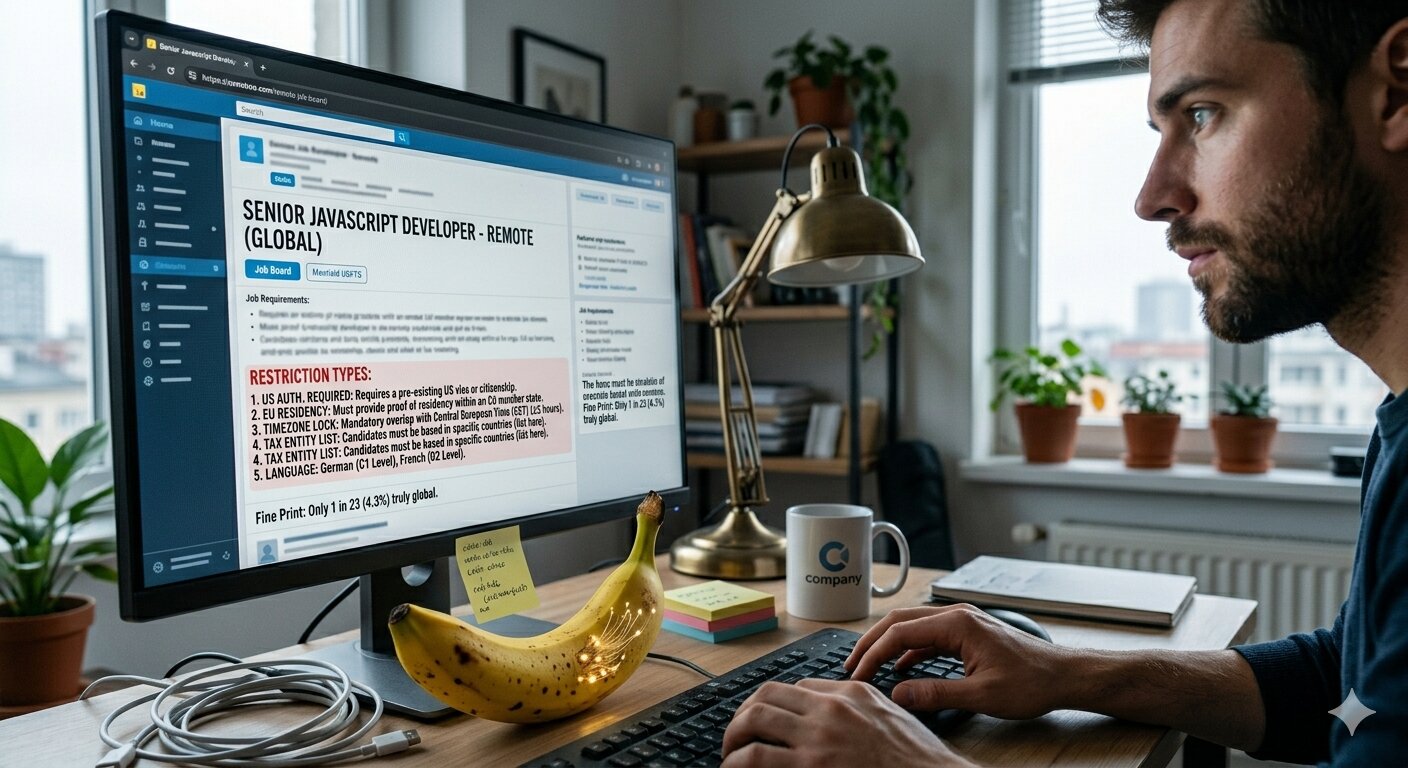 Remote JavaScript job restrictions analysis showing geographic, timezone, legal, language, and visa filters on listings in 2026