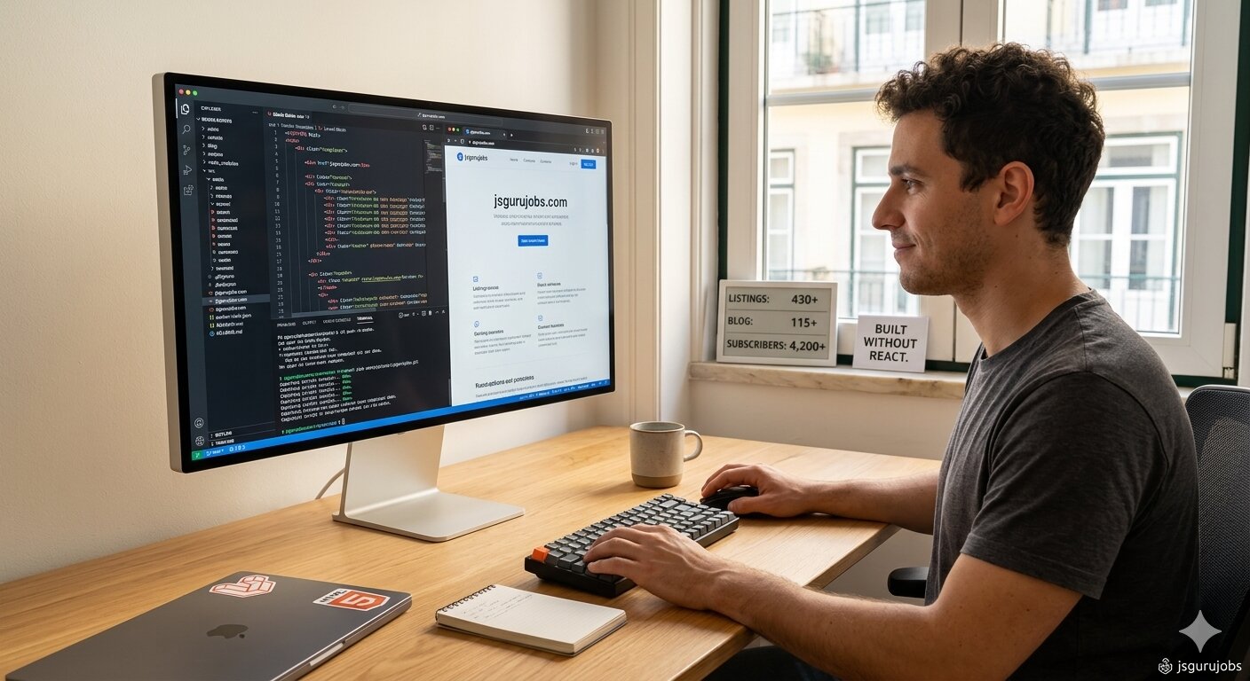 JavaScript job board built with Laravel and Blade templates instead of React showing server-rendered architecture choice for content products in 2026