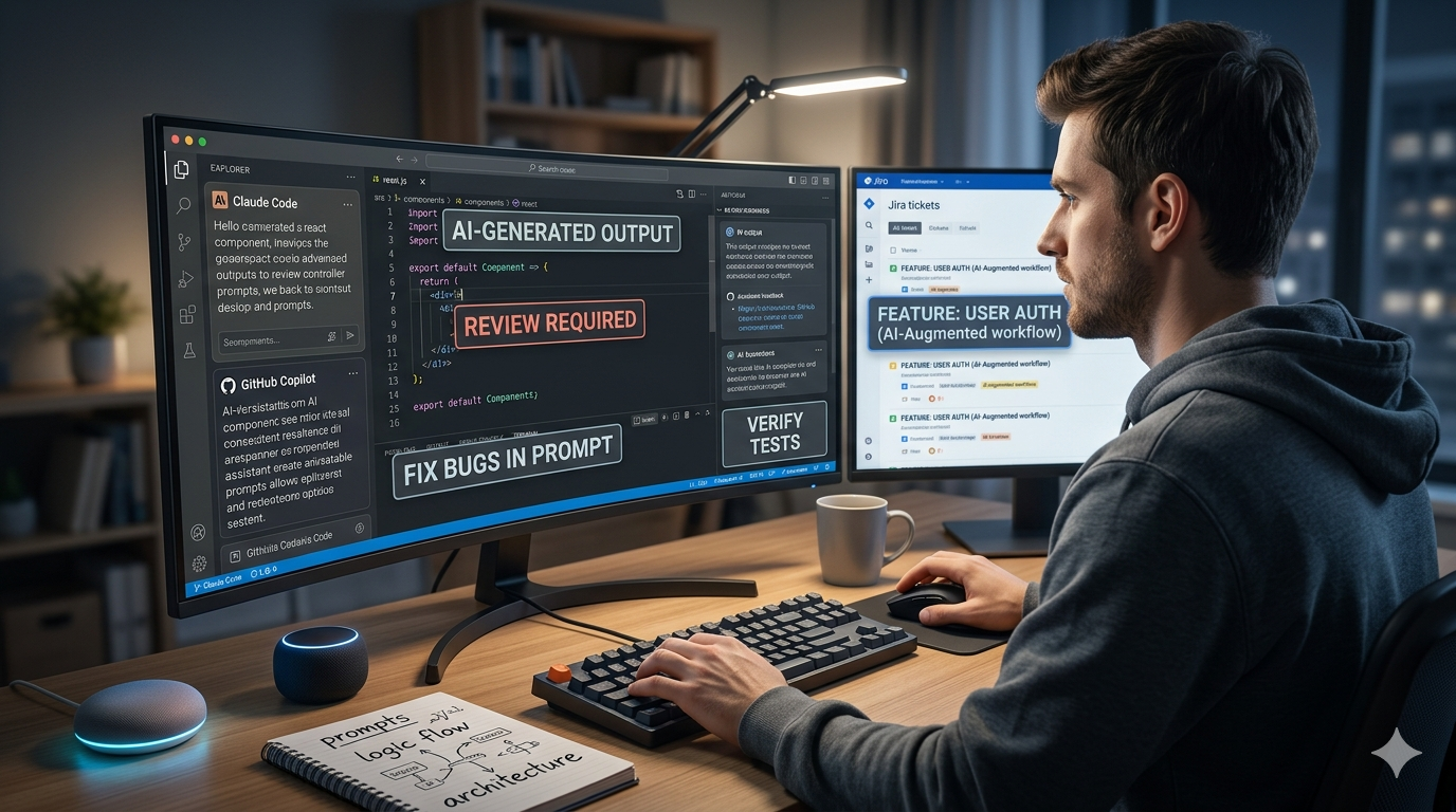 JavaScript developer job posting versus actual daily work comparison showing the gap between advertised coding role and AI output management reality in 2026