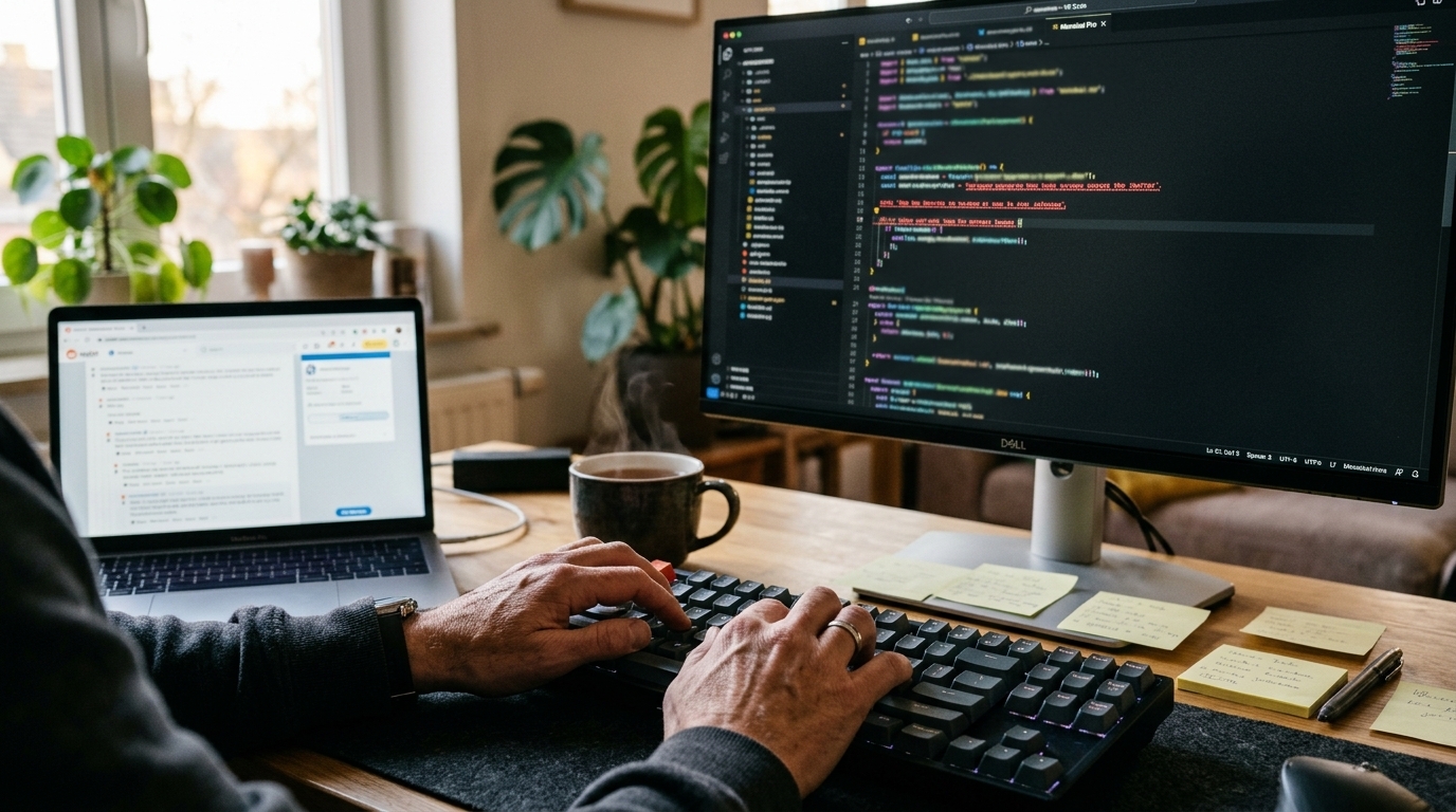 A developer typing at a keyboard in front of a monitor with a dark code editor and a red error underline, with a blurred comment thread on a laptop beside it