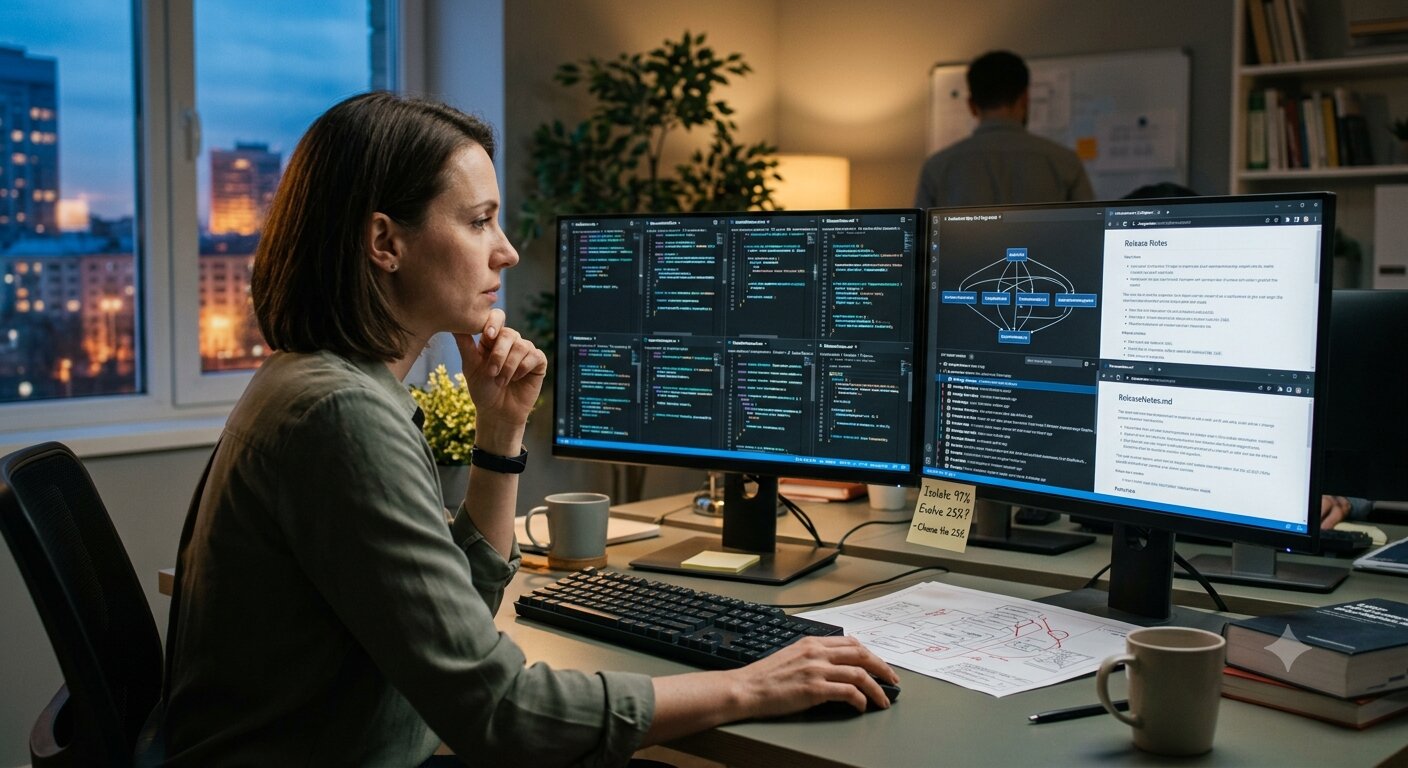 A benchmark comparison showing AI models scoring 97% on isolated SWE-bench coding tasks but only 23% on SWE-EVO system evolution tasks, illustrating the gap between benchmark performance and real software work.
